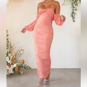 Club L London Announcement Maternity Dress- Rose Pink Mesh Maxi Dress